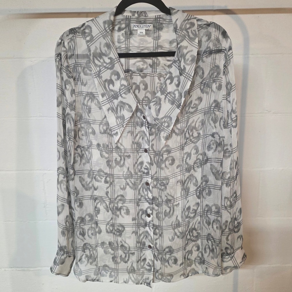 Vintage Pendleton Plus Women 16W Gray White Abstract Plaid Button Sheer Blouse